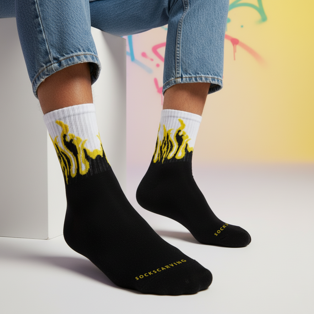 FLAME CREW SOCKS - BLACK/WHITE - YELLOW FLAMES (1-Pack)