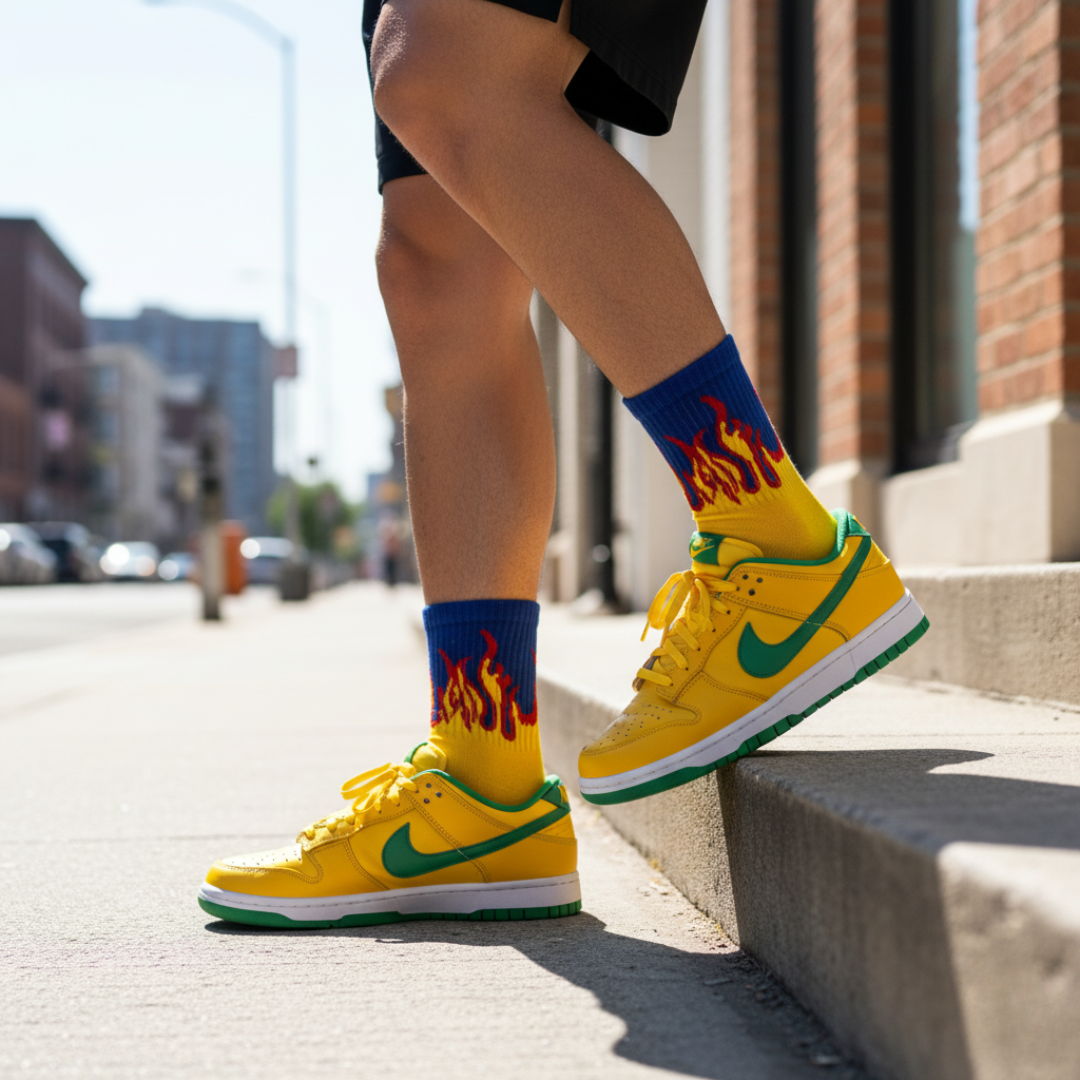 FLAME CREW SOCKS - YELLOW/BLUE- RED FLAMES (1-Pack)
