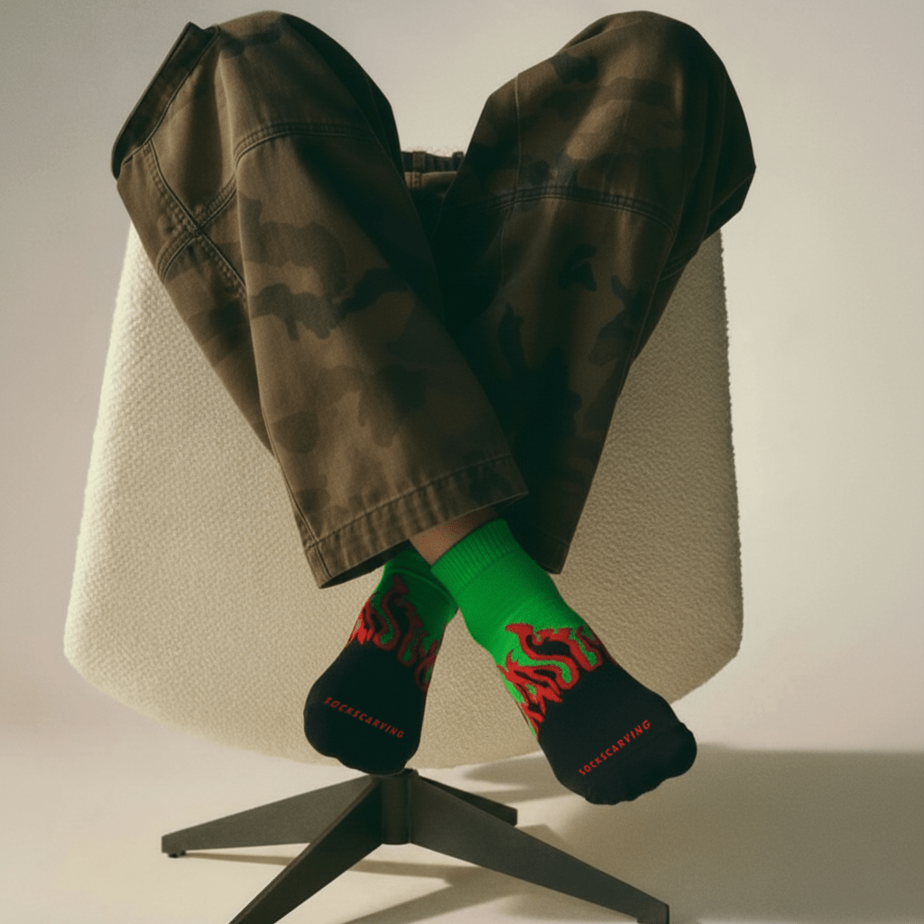Elemental Spark - BLACK/GREEN - RED FLAMES - Sockscarving - Feel The Comfort