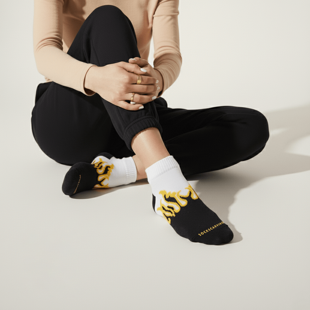 Elemental Spark - BLACK/WHITE - YELLOW FLAMES - Sockscarving - Feel The Comfort