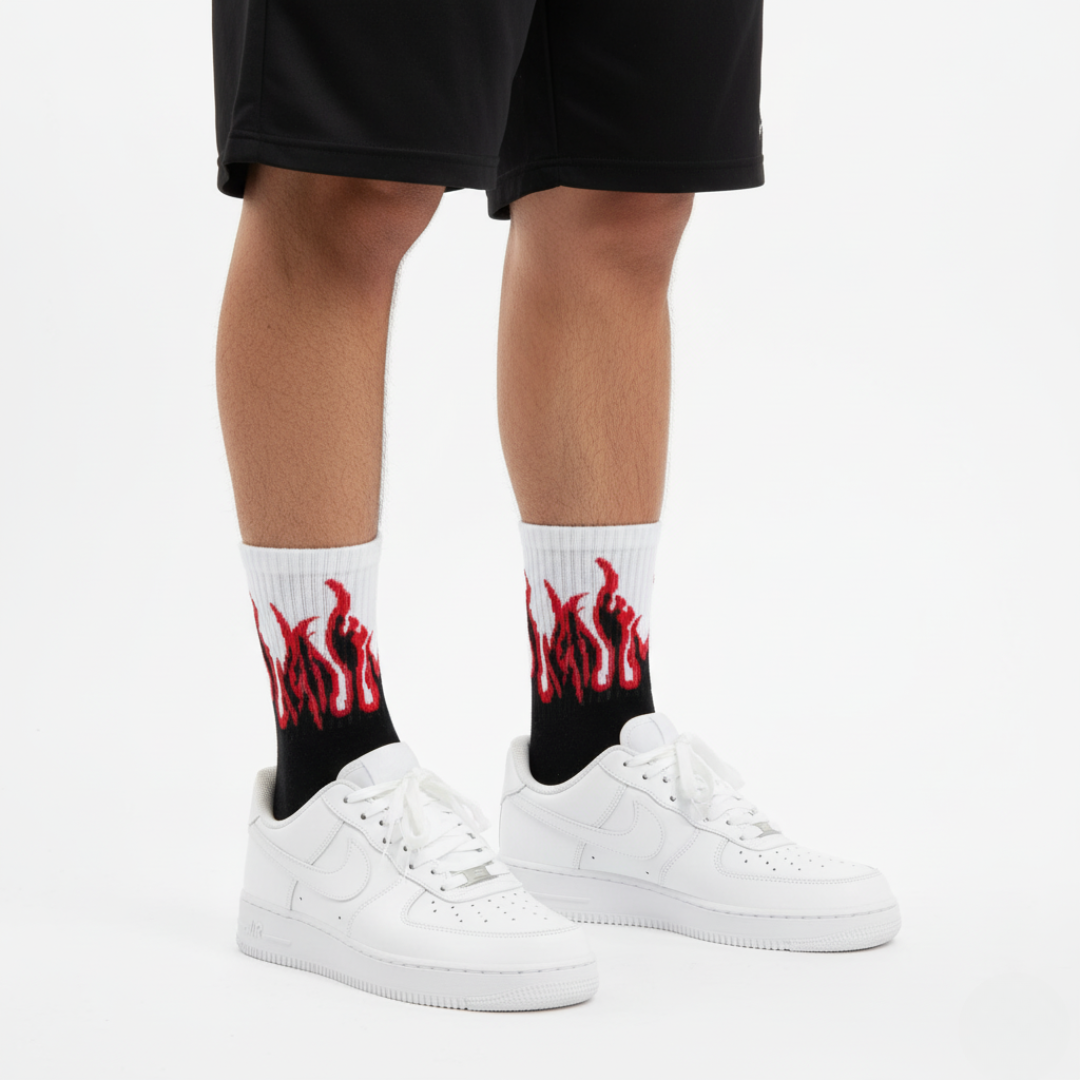 FLAME CREW SOCKS - BLACK/WHITE - RED FLAMES (1-Pack)