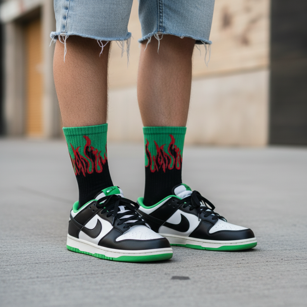 FLAME CREW SOCKS - BLACK/GREEN - RED FLAMES (1-Pack)