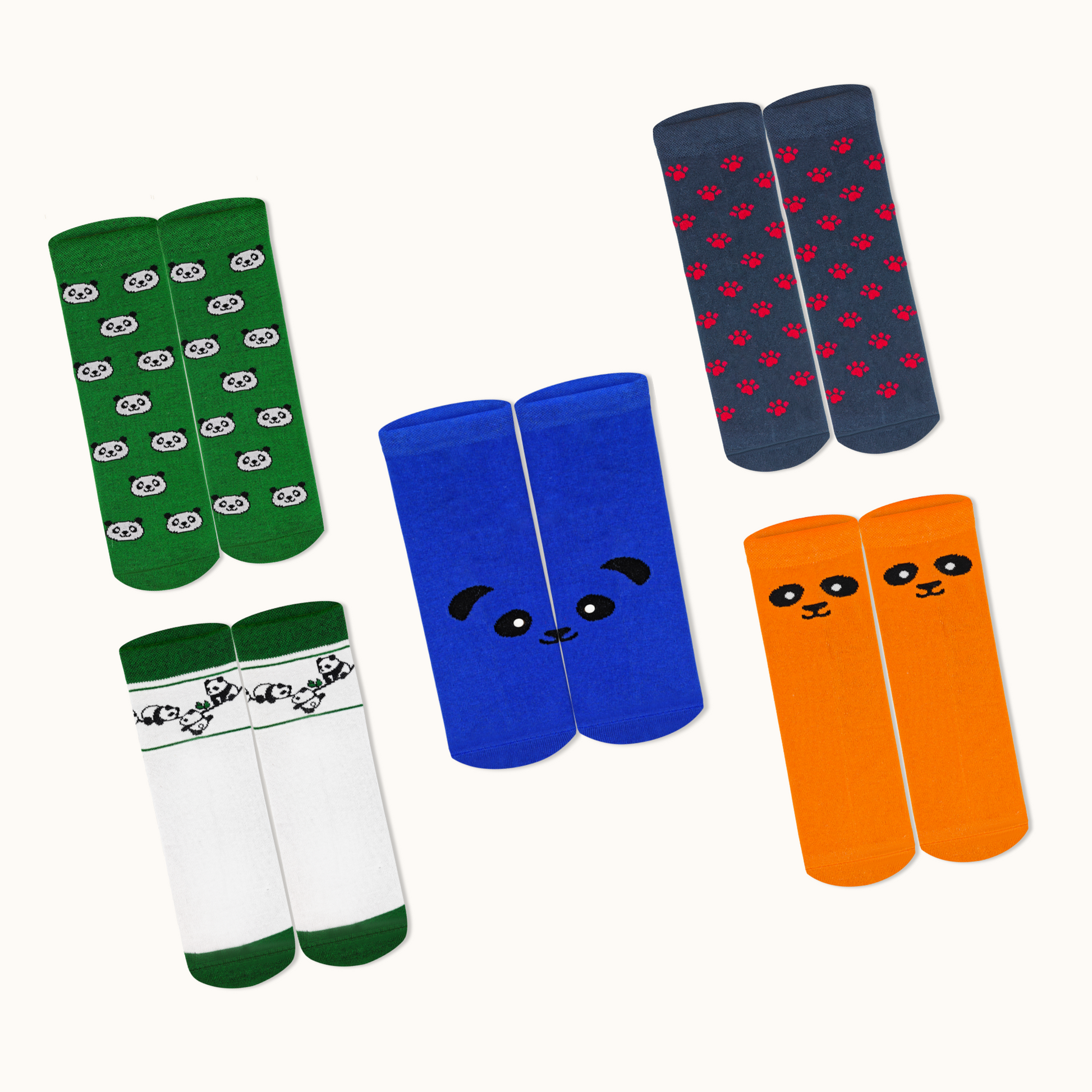 Set of colorful socks with various patterns on a white background