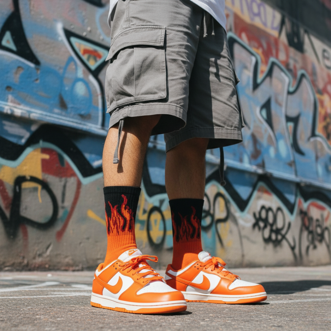 FLAME CREW SOCKS - ORANGE/BLACK - RED FLAMES (1-Pack)