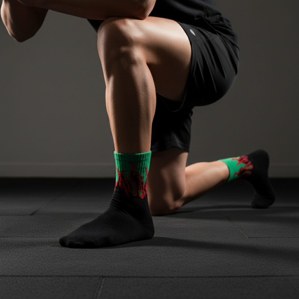 FLAME CREW SOCKS - BLACK/GREEN - RED FLAMES (1-Pack)