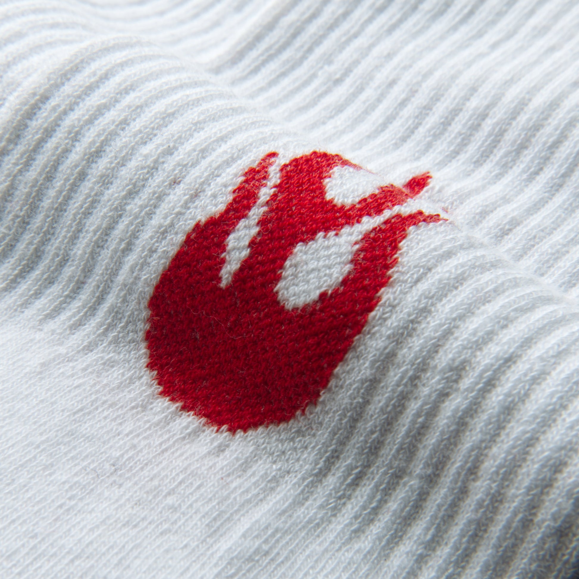 Close-up of a red and white logo on a textured white background