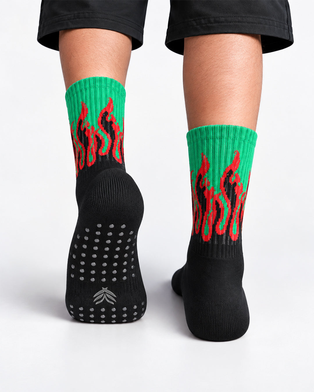 Studio Fire Edition Yoga/Pilates Socks - BLACK/GREEN - RED FLAMES