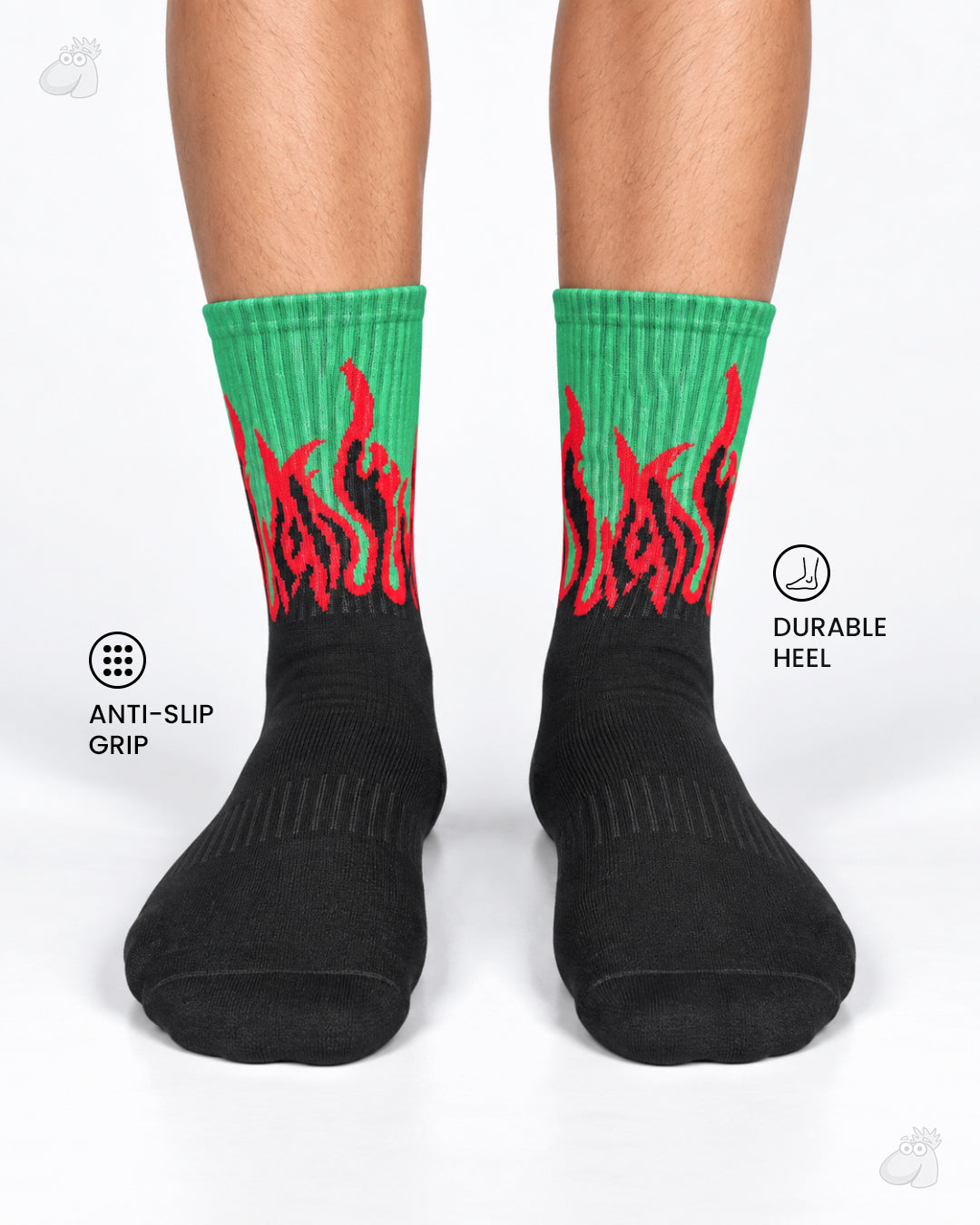 Studio Fire Edition Yoga/Pilates Socks - BLACK/GREEN - RED FLAMES