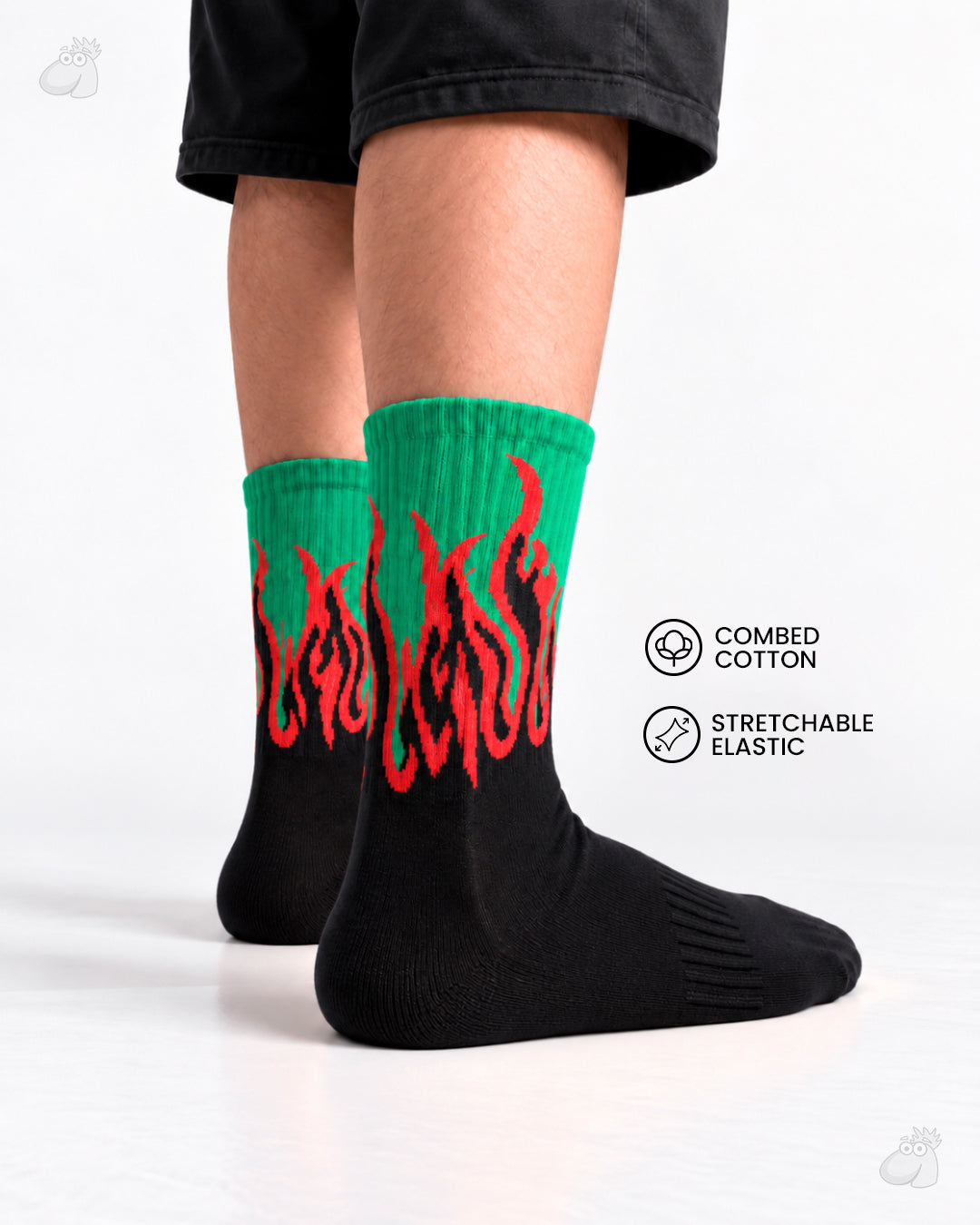 Studio Fire Edition Yoga/Pilates Socks - BLACK/GREEN - RED FLAMES