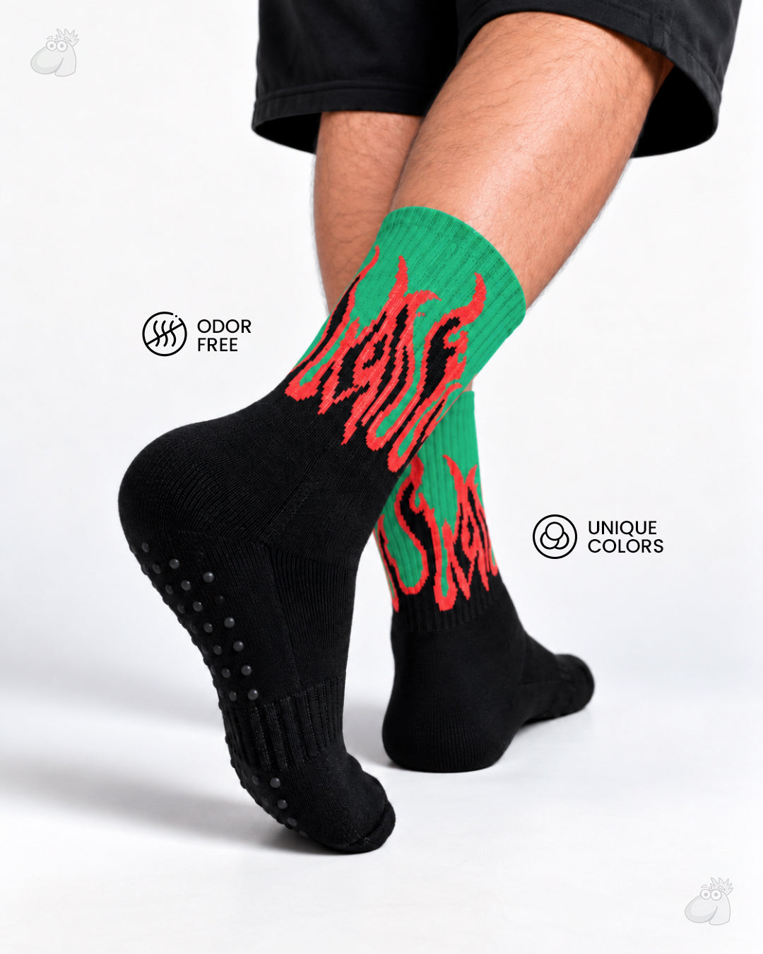 Studio Fire Edition Yoga/Pilates Socks - BLACK/GREEN - RED FLAMES
