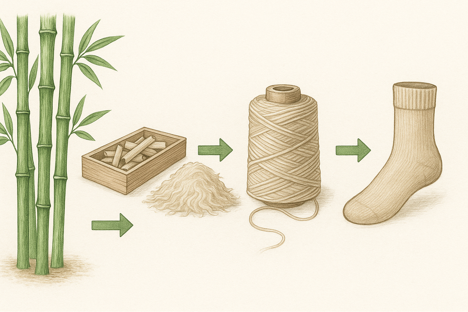 generate a iimage liek bamboo is there and from bamboo there is processing of bamboo and yarn and from yarn makes socks